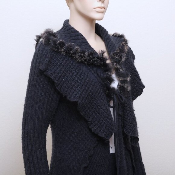 Cecice Faux Fur Tie Open Drape Cardigan Blue Women Size L - Picture 4 of 10